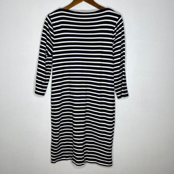 Talbots Black White Stripe Dress M Embroidered Boho Classic 3/4 Sleeve - Picture 6 of 8